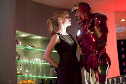 Gwyneth Paltrow and Robert Downey Jr. in a scene from 'Iron Man 2,' released in 2010.