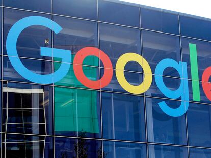 A sign is shown on a Google building at their campus in Mountain View, Calif., Sept. 24, 2019.