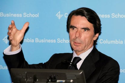 José María Aznar, durante una conferencia en inglés en la Universidad de Columbia (Nueva York), en una fotografía facilitada por la fundación FAES.