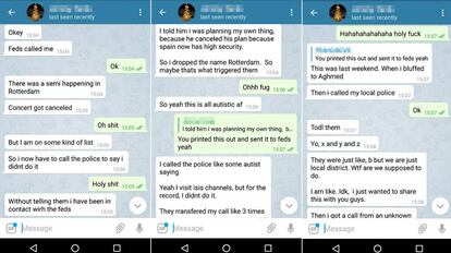 Chat mantenido entre Jimmy F. y uno de sus colegas en la Red en la que admite que ha provocado la alerta terrorista en R&oacute;terdam.