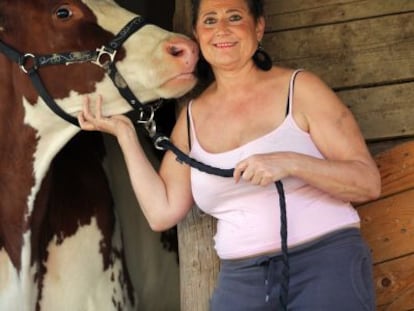 La activista Edith Zellweger, junto a una de las vacas rescatadas.