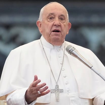 Pope Francis prays during his weekly general audience in St. Peter's Square, at the Vatican, Wednesday, Oct. 23, 2024. (AP Photo/Andrew Medichini)