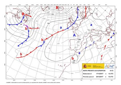 Imagen de la AEMET donde se observa el Anticiclón de la Azores.