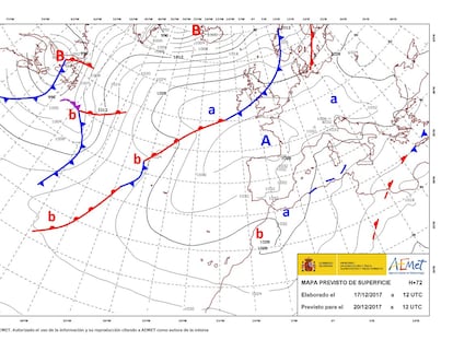 Imagen de la AEMET donde se observa el Anticiclón de la Azores.