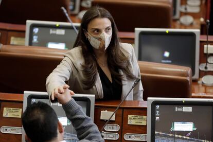 La exministra Karen Abudinen, durante la moción de censura en su contra el pasado 3 de septiembre en la Cámara de Representantes en Bogotá (Colombia).