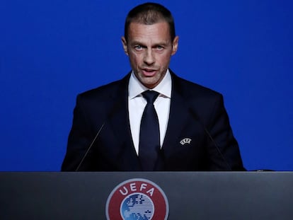 Ceferin, durante un acto reciente de la UEFA.