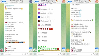 Varias capturas recientes de canales de venta de droga en Telegram.