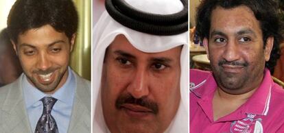 De izquierda a derecha, Mansour bin Zayed (Manchester City), Hamad Bin Jassem Bin Jabr Al Thani (PSG) y Abdullah Al Thani (Málaga)