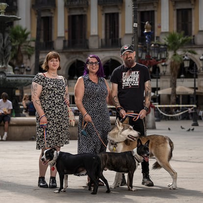 DVD 1274 11/07/25 Barcelona.  
Ciudadanos americanos que se han venido a vivir a Barcelona tras la llegada del presidente Donald Trump a La Casa Blanca. 
En la imagen, la familia Gorman, de izquierda a derecha, la hija Franke, Chrys y Benjamin junto a sus perros Merry, Pippin y Havoc fotografiados en la plaza Real, muy cerca de donde viven. [ALBERT GARCIA] EL PAIS