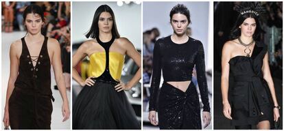 De izquierda a derecha: Kendall Jenner en los últimos desfiles de Tod's, Ralph Lauren, Michael Kors y Alexander Wang.