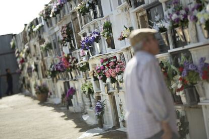 Un hombre frente a unos nichos del cementerio sevillano de Aznalcóllar.