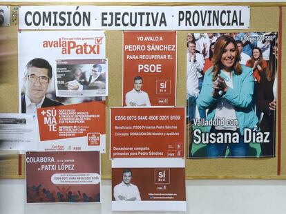 Un hombre pasa delante de los carteles de apoyo a los tres candidatos a la Secretaría General del PSOE en Valladolid.