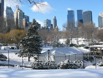 Los rascacielos de Nueva York, vistos desde Central Park nevado.