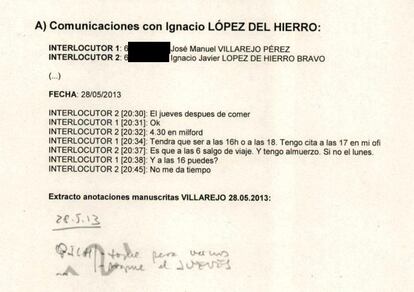 Extracto del informe policial sobre las comunicaciones de Villarejo con Cospedal y su entorno. Parte centrada en el marido de la ex secretaria general.