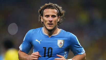 Forlán, con la camiseta de Uruguay, en un partido del Mundial de Brasil. 