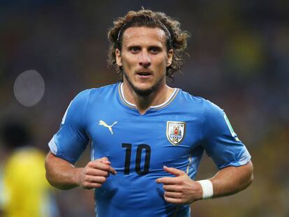 Forlán, con la camiseta de Uruguay, en un partido del Mundial de Brasil. 