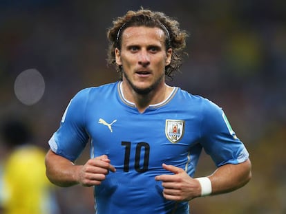 Forlán, con la camiseta de Uruguay, en un partido del Mundial de Brasil. 