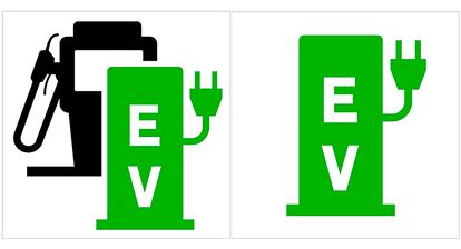 Pictograma de la señalización de los puntos de recarga en las vías. Desde la izquierda, surtidor de carburante y estación de recarga eléctrica, y en la derecha, estación de recarga eléctrica.