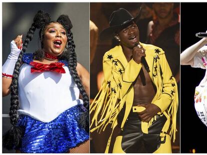 De izquierda a derecha, Lizzo, Lil Nas X y Billie Eilish, los principales nominados a los premios Grammy 2020.