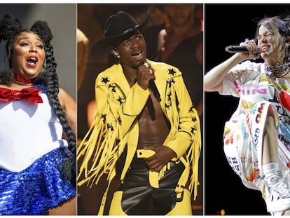 De izquierda a derecha, Lizzo, Lil Nas X y Billie Eilish, los principales nominados a los premios Grammy 2020.