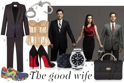 Alicia Florrick, Peter Florrick y Will Gardner. Para ella: 1. Sandro Blazer. 3. Rosamosario Lencería. 4. Louboutain Zapatos. 5. Sandro Pantalón de traje. 9. Mulberry Maletín. Para Peter: 2. Esposas. 8. Rolex Reloj. Para Will: 6. Asics Zapatillas de running. 7. Mauro Grifoni Corbata. 
	 