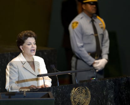 La presidenta de Brasil, Dilma Rousseff, durante su intervención de hoy en las Naciones Unidas.