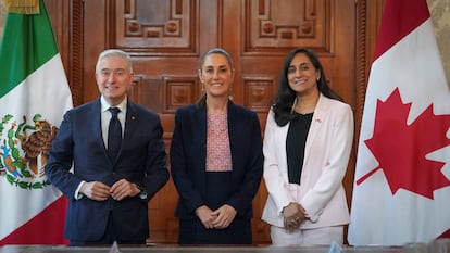 François-Philippe Champagne, Claudia Sheinbaum y Anita Anand, este martes, en Ciudad de México.
