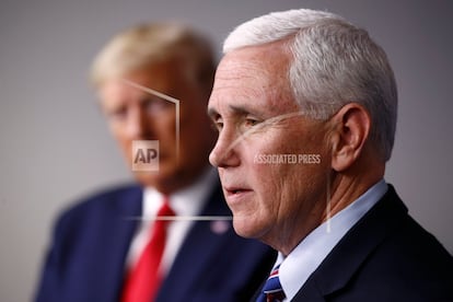 Then-Vice President Mike Pence speaks alongside President Donald Trump during a coronavirus task force briefing at the White House in Washington on March 22, 2020.