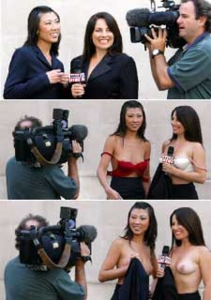 Dos presentadoras del informativo <i>Naked News</i> se desvisten en Londres.