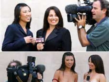 Dos presentadoras del informativo <i>Naked News</i> se desvisten en Londres.