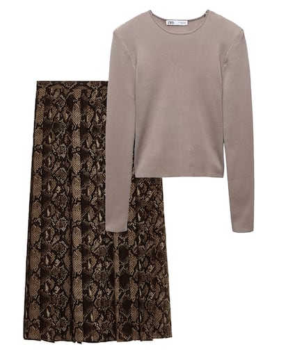Opción 2:

Un jersey de punto de seda (como este, de Zara) con una falda plisada (como esta, de Massimo Dutti).