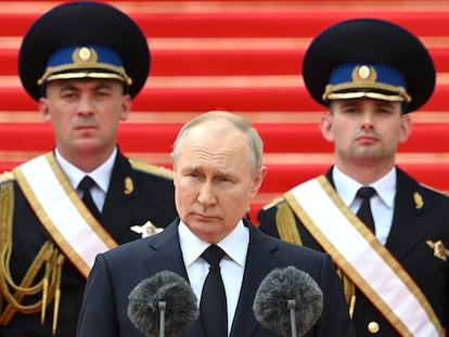 Russian President Vladimir Putin delivers a speech to the units of the Russian Defense Ministry, the Russian National Guard (Rosgvardiya), the Russian Interior Ministry, the Russian Federal Security Service and the Russian Federal Guard Service, June 27, 2023.