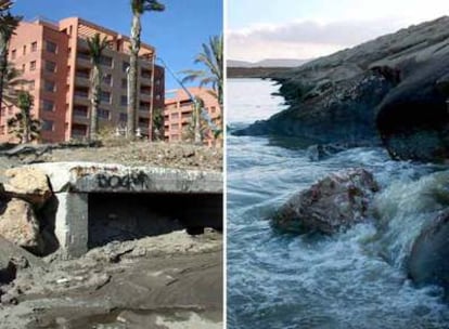 A la izquierda, desagüe en la playa malagueña de La Misericordia. A la derecha, vertido cercano al puerto de Algeciras.