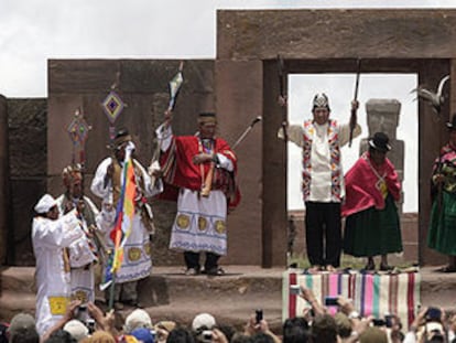 El presidente boliviano, Evo Morales, al momento de recibir la bendición de los sacerdotes aymaras en las ruinas de Tiahuanaco