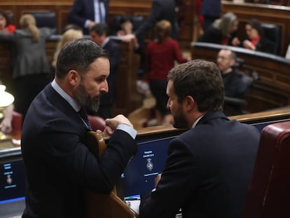 Santiago Abascal (a la izquierda) y Pablo Casado charlan en el hemiciclo durante la sesión constitutiva de las Cortes.