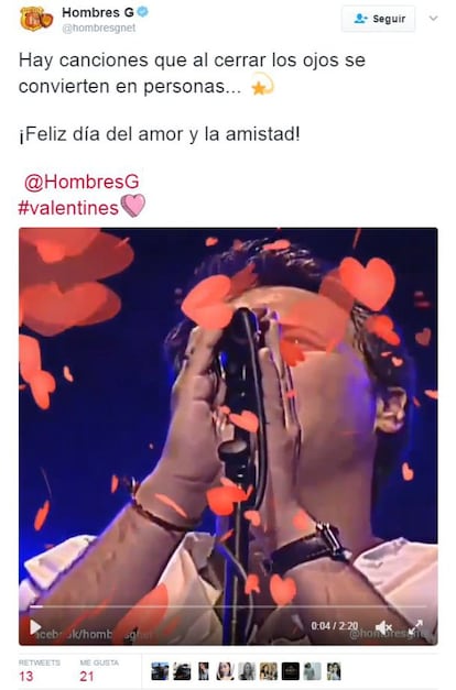 Los Hombres G también han utilizado esta red social —con vídeo con corazones incluido— para felicitar el Día de San Valentín a todos sus fans.