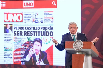 López Obrador habla sobre Perú, en mayo de 2023.