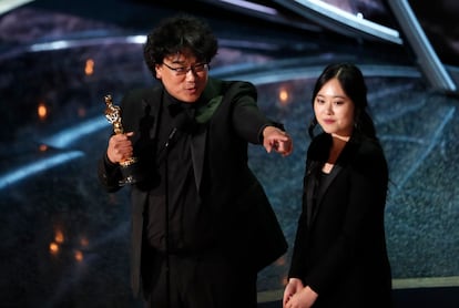 Director Bong Joon-ho accepts the Oscar for Best Foreign Language Film for “Parasite” on February 9, 2020.
