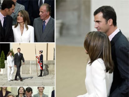 El príncipe Felipe conversa con el Rey en presencia de su prometida, Letizia Ortiz. Los novios, ante la puerta del palacio de El Pardo. El príncipe Felipe coge la mano de su madre, la reina Sofía, y de su novia. En la fotografía de la derecha, don Felipe abraza a Letizia Ortiz por la cintura.