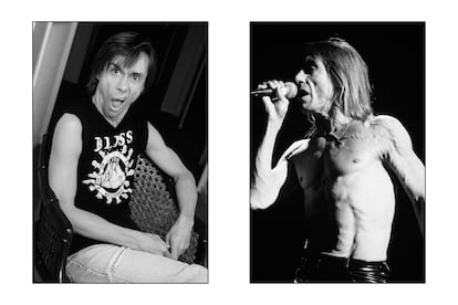 A la izquierda, retrato de Iggy Pop en el hotel Villamagna de Madrid, en 1990, en la presentación de su disco 'Brick by Brick'. A la derecha, el artista en un concierto en la Sala Universal Sur de Leganés, el 20 de febrero de 1991. 