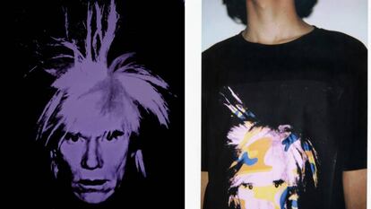 Izquierda, Polaroid con autorretrato de Andy Warhol (1936); derecha, una de las prendas de Calvin Klein hechas a partir de ella.