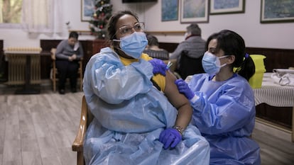 Residents and workers at the Gravi de Polinyá care home in Barcelona getting the coronavirus vaccine.