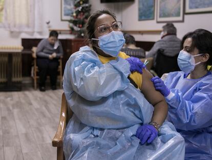 Residents and workers at the Gravi de Polinyá care home in Barcelona getting the coronavirus vaccine.