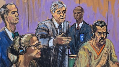 Juicio de Nicolás Maduro y Cilia Flores junto a sus abogados Mark Donnelly y Barry Pollack, en Nueva York, este jueves.