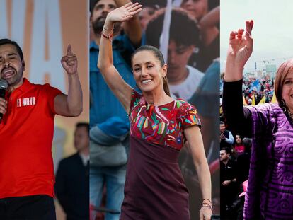 Jorge Álvarez Máynez, Claudia Sheinbaum y Xóchitl Gálvez, en una composición fotográfica de sus respectivos cierres de precampaña.