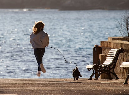 Una niña pasea a su perro en Andratx (Mallorca).