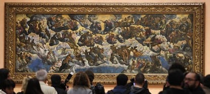 'El Paraíso' de Tintoretto, una de las obras más emblemáticas de la Colección Thyssen-Bornemisza, a su regreso su ubicación habitual en el hall del museo tras ser restaurado en 2013.