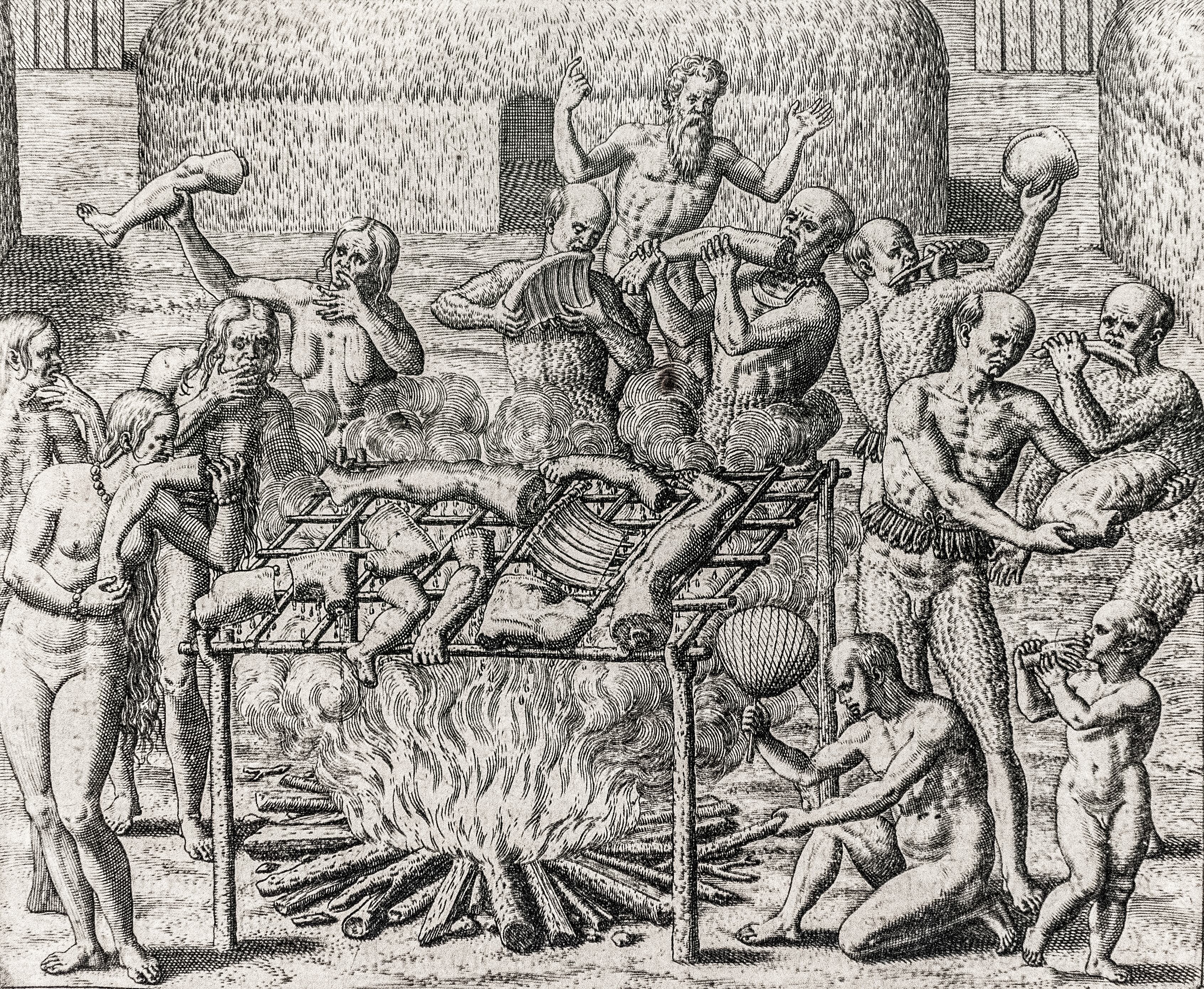 Grabado de 1557 que muestra una escena de canibalismo en Brasil.