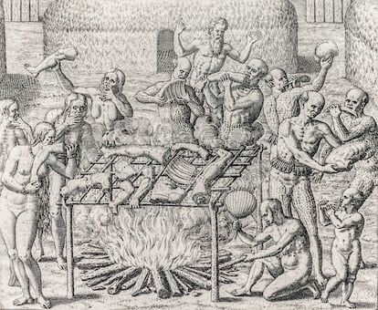 Grabado de 1557 que muestra una escena de canibalismo en Brasil.