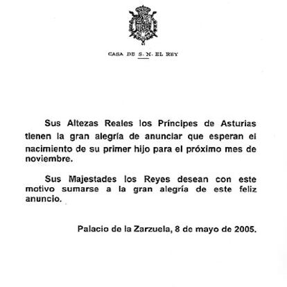 Comunicado oficial de la Casa Real comunicando el embarazo.